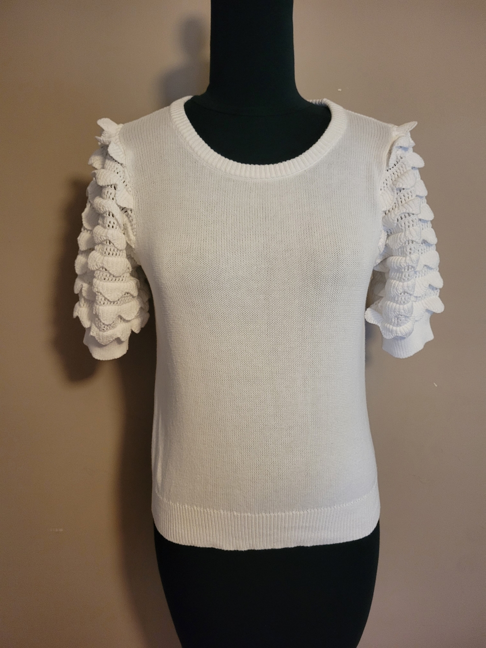 Lilly Pulitzer White Short Sleeve Knit Top with Ruffled Crochet Sleeves
